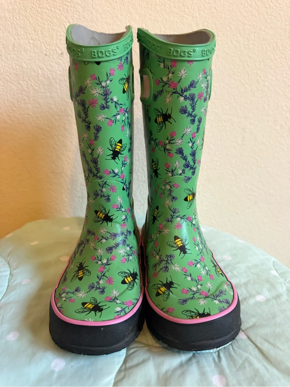 BOGS Kids' rain boots green a pink and blue floral bee print size 12